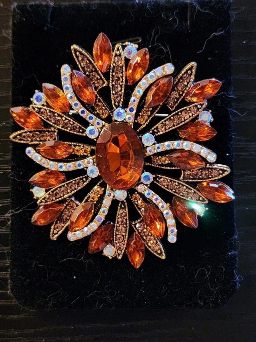 Floral Rhinestone Brooch in Orange & Gold